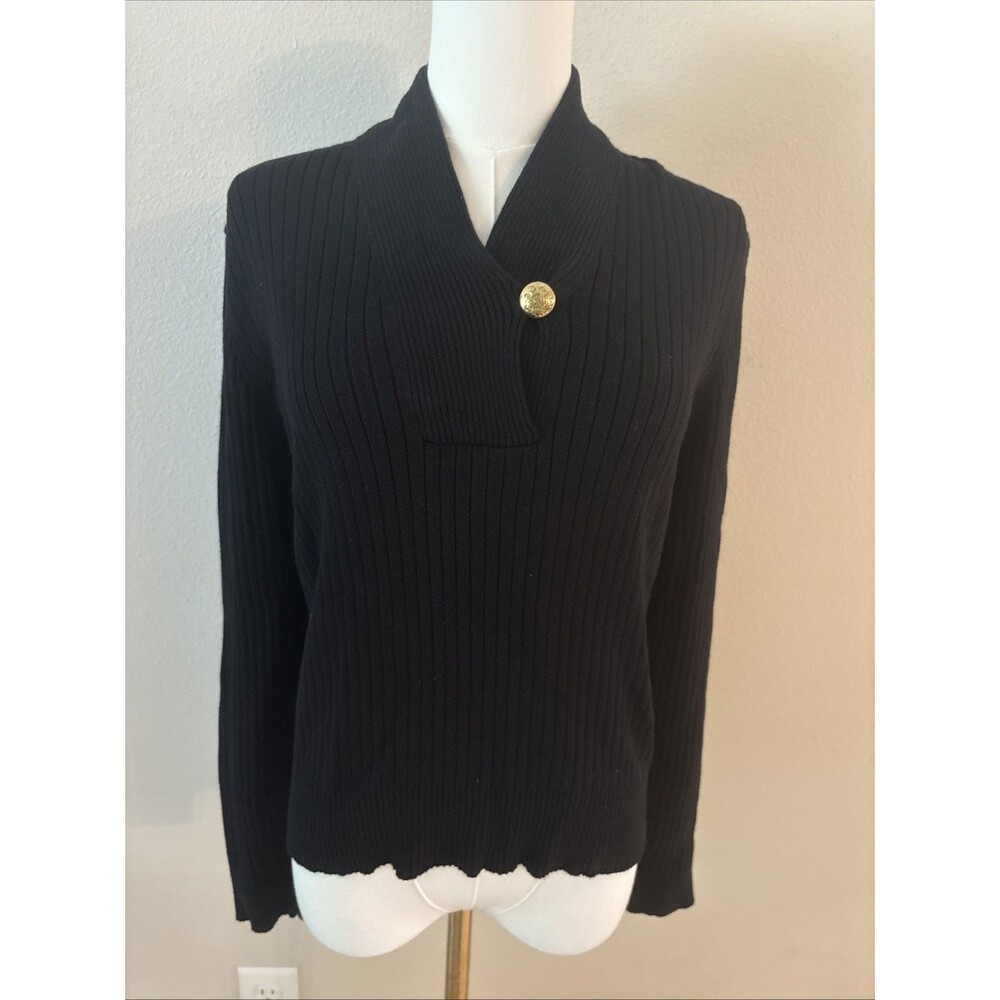Lauren Ralph Lauren Sweater Womens M Black 100% Cotton Ribbed Gold Button